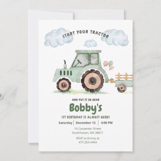 Start je tractor 1e verjaardagsuitnodiging kaart (Voorkant)