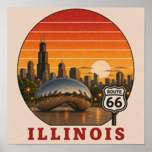 Start Route 66 Chicago Skyline Zonsondergang Poste Poster