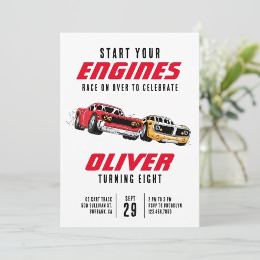 Start uw motor met racewagens op zaterdag kaart (Staand voorkant)