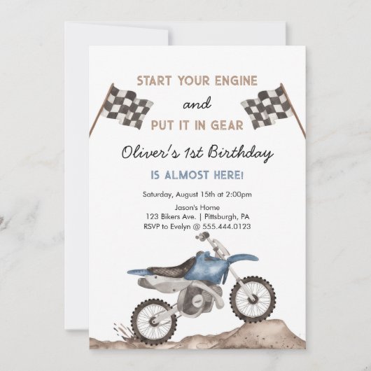 Start uw motor vuil fiets motorcross jongen verjaa kaart (Voorkant)