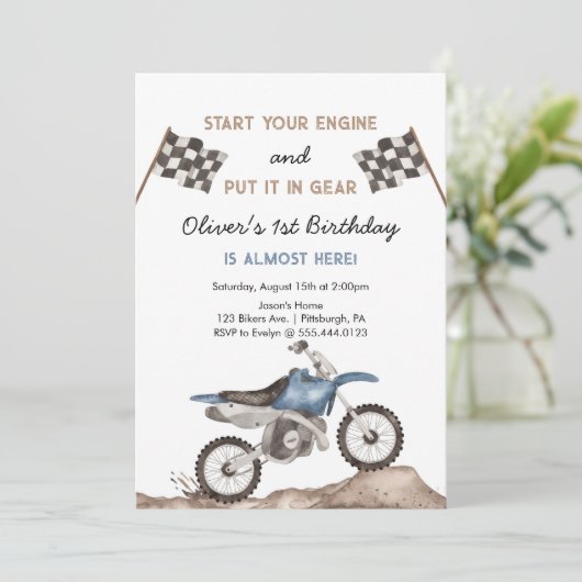 Start uw motor vuil fiets motorcross jongen verjaa kaart (Staand voorkant)