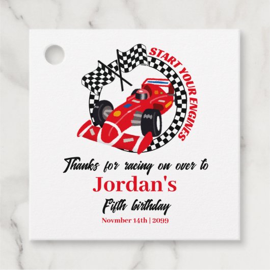Start uw motoren rode race auto elke leeftijd dank bedankjes labels (Voorkant)
