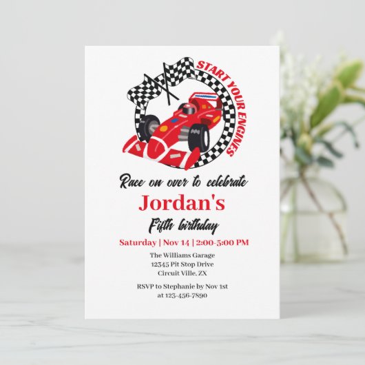 Start uw motoren rode race auto elke leeftijd verj kaart (Staand voorkant)