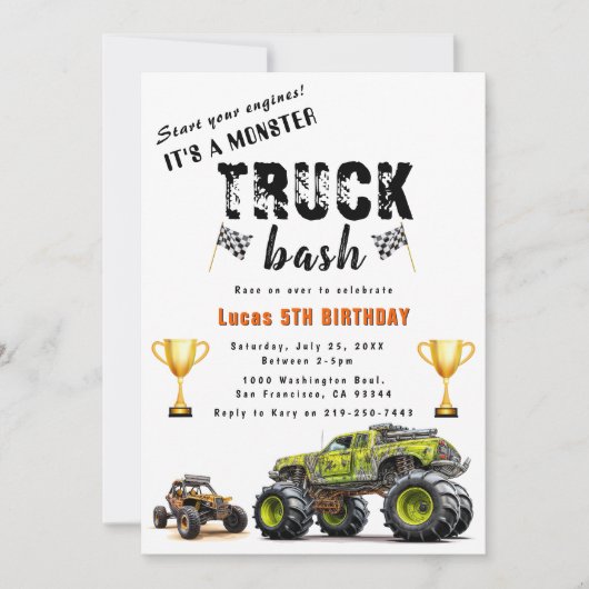 Start uw motoren Trucks verjaardagsfeestje uitnodi Kaart (Voorkant)