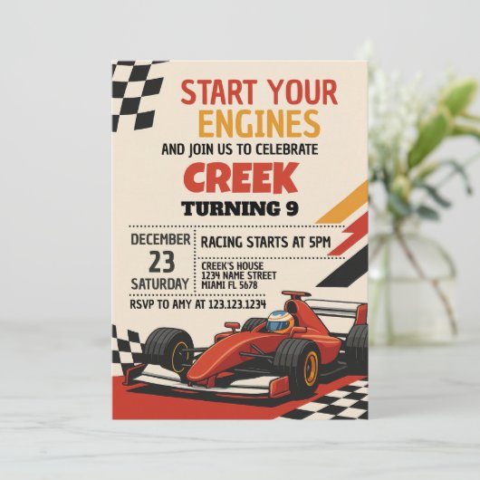 Start uw motoren! Uitnodiging verjaardagsfeestje r (Staand voorkant)