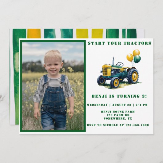 Start uw tractor Photo Boy Verjaardag Bash Kaart (Voorkant / Achterkant)