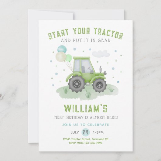 Start uw tractor verjaardagsuitnodiging, groen Boe Kaart (Voorkant)