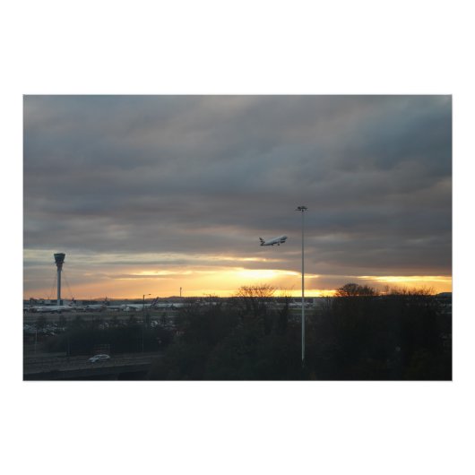 Start vanaf Heathrow bij zonsondergang Foto Afdruk (Voorkant)