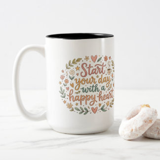 Start Your Day With A Happy Heart Coffee Mug Gift Tweekleurige Koffiemok