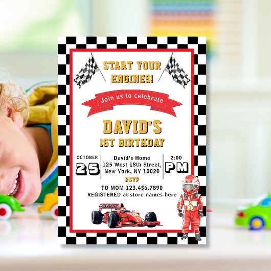 Start Your Engines Race Car 1st Birthday Party Kaart