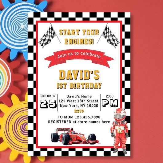 Start Your Engines Race Car 1st Birthday Party Kaart