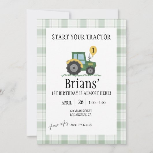 Start Your Tractor Children's Birthday Invitation Kaart (Voorkant)