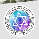Startadres van David Blue waterverf Ronde Sticker<br><div class="desc">Elegant het etiket van het terugkeeradres met een wit,  Ster van David op een paarse en aqua blauwe achtergrond van de waterverf en uw terugkeeradres in een modern sans-serif doopvont.</div>