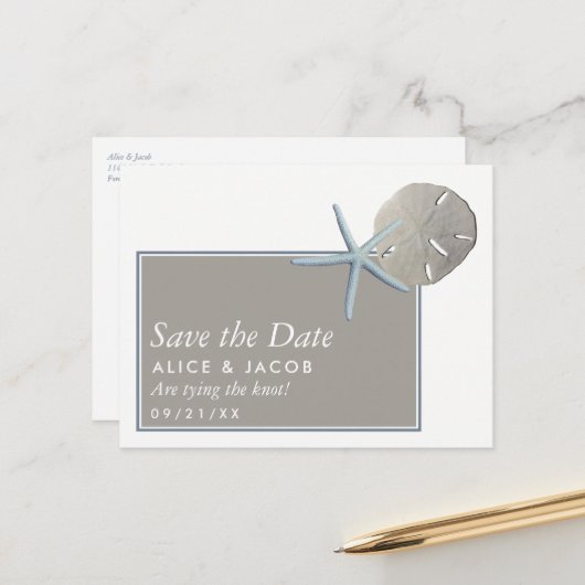 Starvis en zanddollar - strand Bewaar datum Aankondigingskaart (Voorkant / Achterkant in situ)