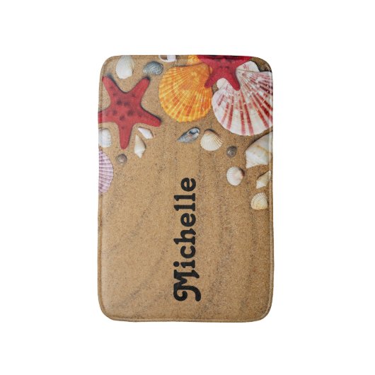 Starvis en zeeschelpen op bruin strand zand badmat (Voorkant Verticaal)