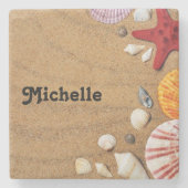 Starvis en zeeschelpen op bruin strand zand stenen onderzetter (Voorkant)