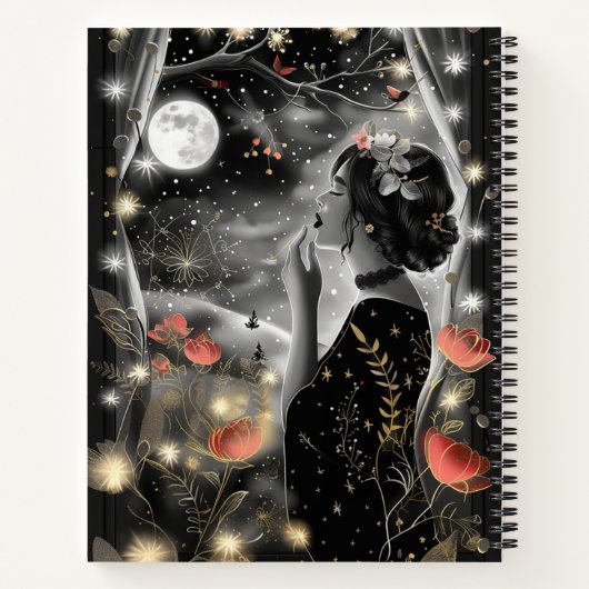 Stary Night Vrouw in zwarte jurk Notitieboek (Achterkant)