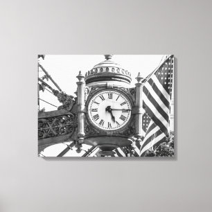 State Street Clock   Zwart-wit landschap Canvas Afdruk