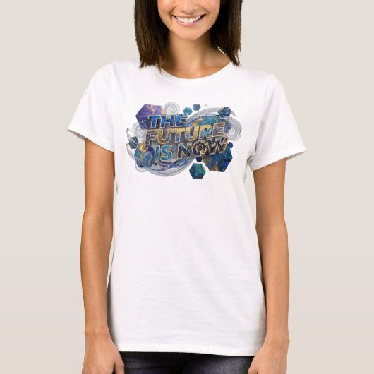 Statement Blauw DE TOEKOMST IS NU Draagbare Kunst T-shirt (Voorkant)