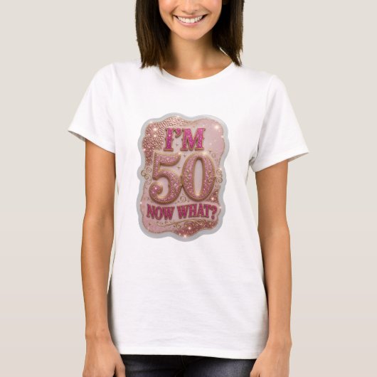 Statement Goud IK BEN NU 50 WAT NU 3D Tekstkunst T-shirt (Voorkant)