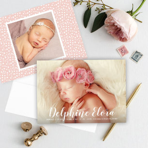 Statement Naam Witte Script Baby Meisje Foto Geboo Aankondiging