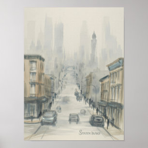 Staten Island Misty Street Watercolor Poster
