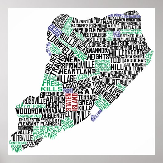 Staten Island Typographic Map, New York City Print (Voorkant)