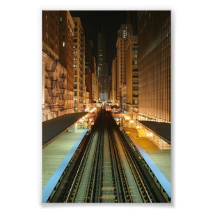 Station Chicago 'L' bij nacht Foto Afdruk
