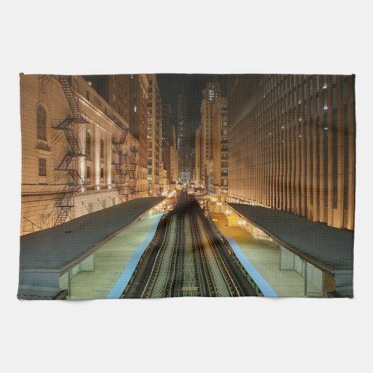 Station Chicago 'L' bij nacht Theedoek (Horizontaal)