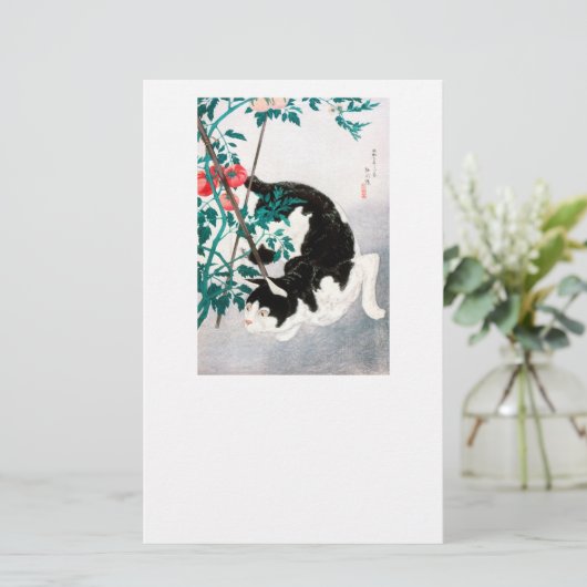 STATION : JAPANESE WOODBLOCK : Kat met tomaat Briefpapier (Staand voorkant)