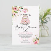 Station met Baby shower Uitnodiging Roze Floral Sh (Staand voorkant)