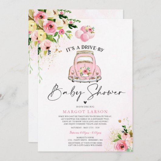 Station met Baby shower Uitnodiging Roze Floral Sh (Voorkant / Achterkant)