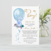 Station met Floral Balloon Blue Glitter Baby showe Kaart (Staand voorkant)