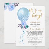 Station met Floral Balloon Blue Glitter Baby showe Kaart (Voorkant / Achterkant)