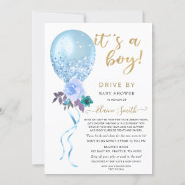 Station met Floral Balloon Blue Glitter Baby showe Kaart