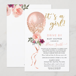 Station met Floral Balloon Roze Glitter Baby showe Kaart