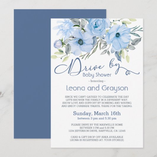 Station op Baby shower Stusty Blue Waterverf Flora Kaart (Voorkant / Achterkant)