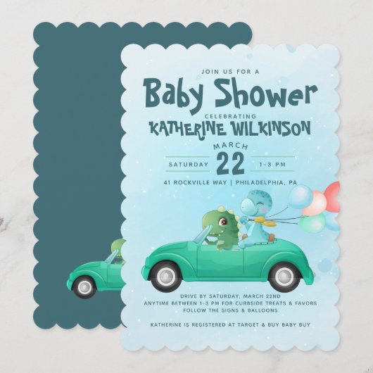 Station op | Uitnodiging tot Baby shower Dinosaur (Voorkant / Achterkant)