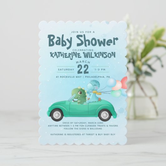 Station op | Uitnodiging tot Baby shower Dinosaur (Staand voorkant)