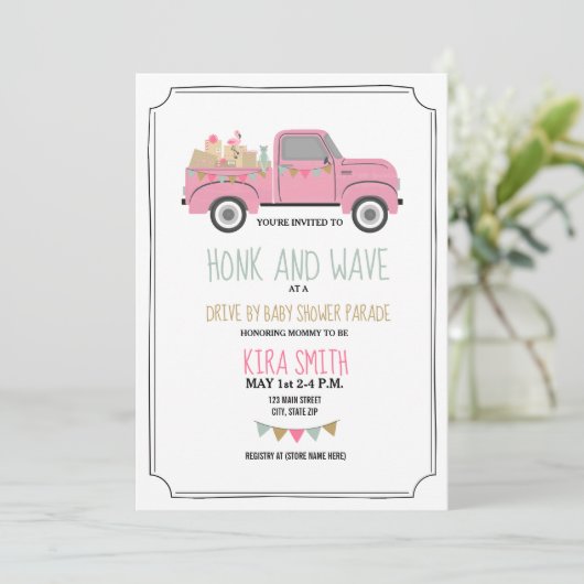 Station via Baby shower  roze vrachtwagen Kaart (Staand voorkant)