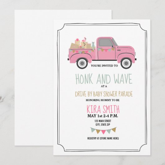 Station via Baby shower  roze vrachtwagen Kaart (Voorkant / Achterkant)