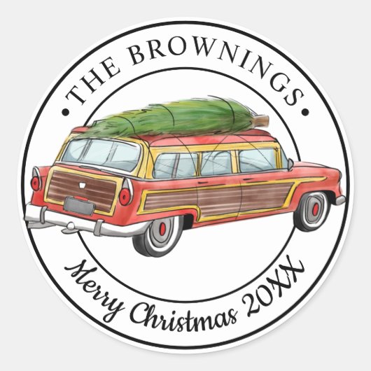  station Wagon Tree Kerstmis Ronde Sticker (Voorkant)