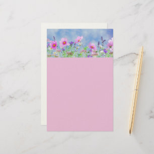 Stationair roze en blauwe bloemengestrikte schrijf briefpapier