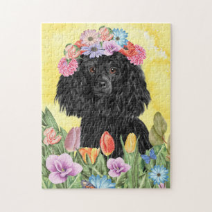 Stationaire hond met bloemen lente legpuzzel