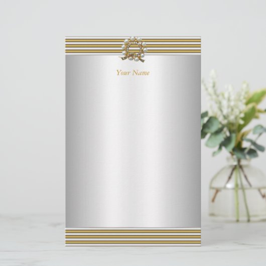 Stationery Elegant Goud Zilver Witte Parel Briefpapier (Staand voorkant)