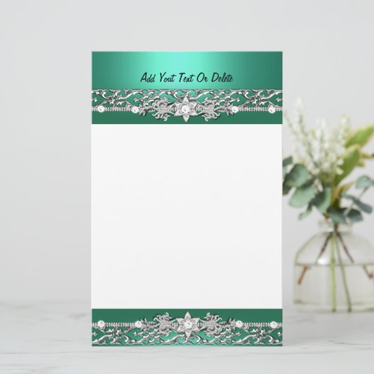 Stationery Jade Green Silver Diamond Afbeelding Briefpapier (Staand voorkant)