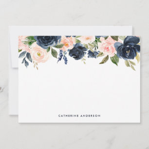Stationery Navy Blue en Blush Waterverf Flowers Notitiekaartje