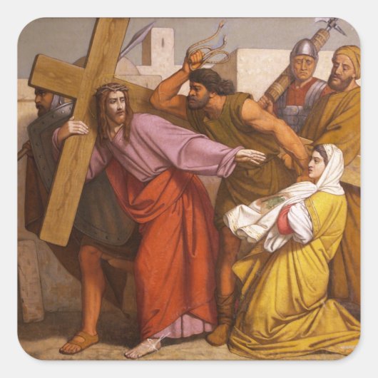 Stations of the Cross 5 Simon Carries the Cross Vierkante Sticker (Voorkant)