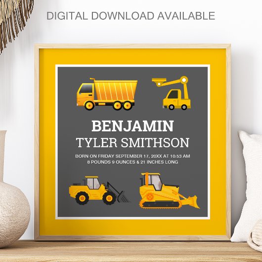 Statistieken voor graafmachine dumptruck bouw baby poster