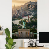 Statue of Liberty and Global Landmarks Fantasy Poster (Thuiskantoor)